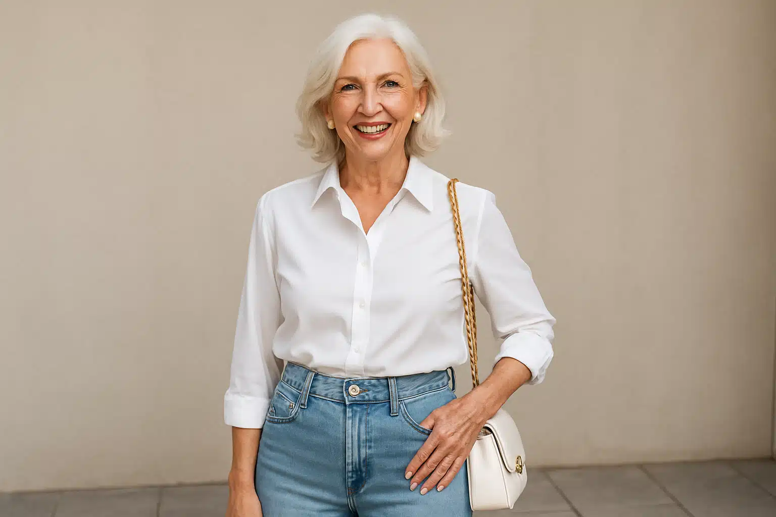 Moda 60+. Mulher idosa sorridente usando camisa branca e calça jeans.