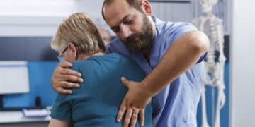 Profissional faz manobra na coluna de mulher idosa usando técnica de fisioterapia.