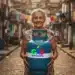 Idosa sorridente segura botijão azul do programa Gás do Povo em rua de favela colorida.