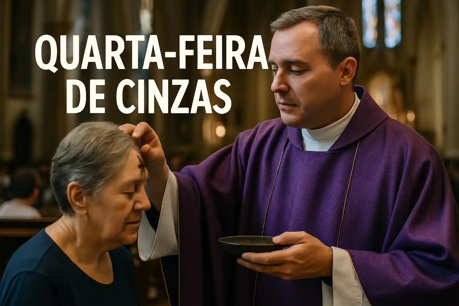 Quarta feira de Cinzas. Padre aplicando cinzas na testa de uma mulher durante a Quarta-Feira de Cinzas.
