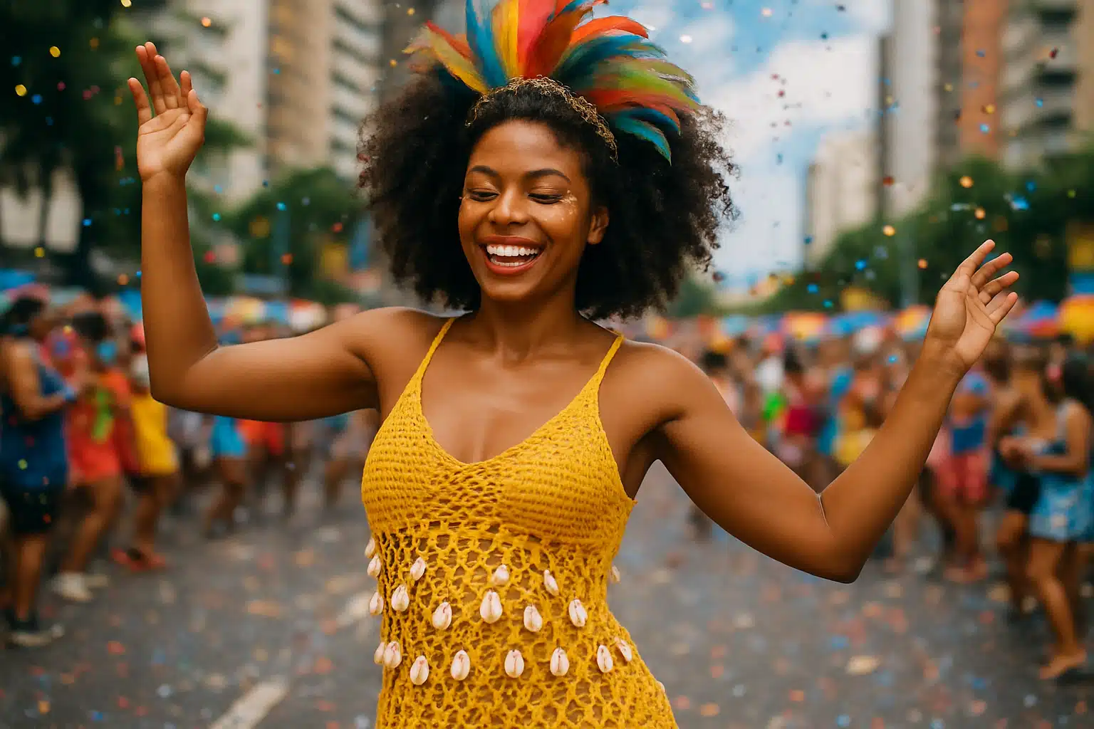 Vestido de Crochê. Mulher sorrindo com fantasia colorida durante o Carnaval de rua