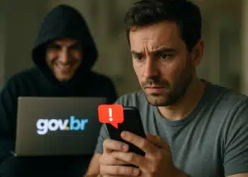 Homem preocupado segura celular com alerta enquanto golpista ao fundo usa notebook com logo Gov.br