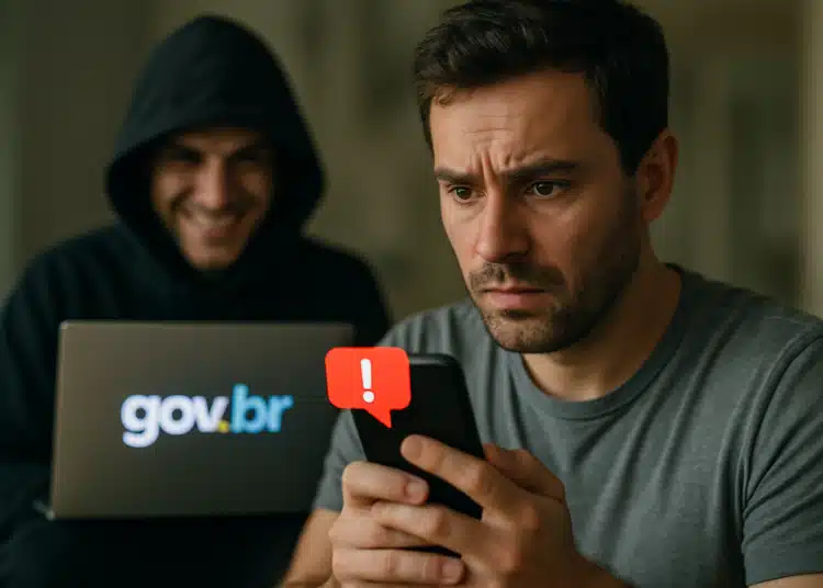 Homem preocupado segura celular com alerta enquanto golpista ao fundo usa notebook com logo Gov.br