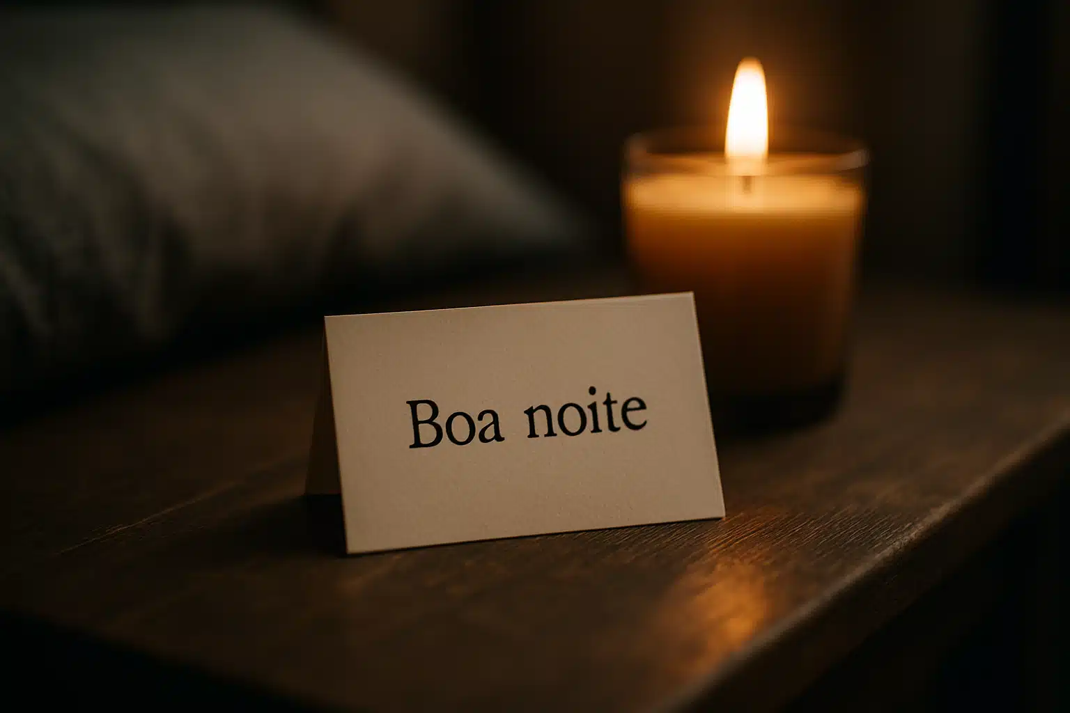 Cartão com mensagem de boa noite para inspirar início de semana Cartão com as palavras "Boa noite" sobre mesa ao lado de vela acesa