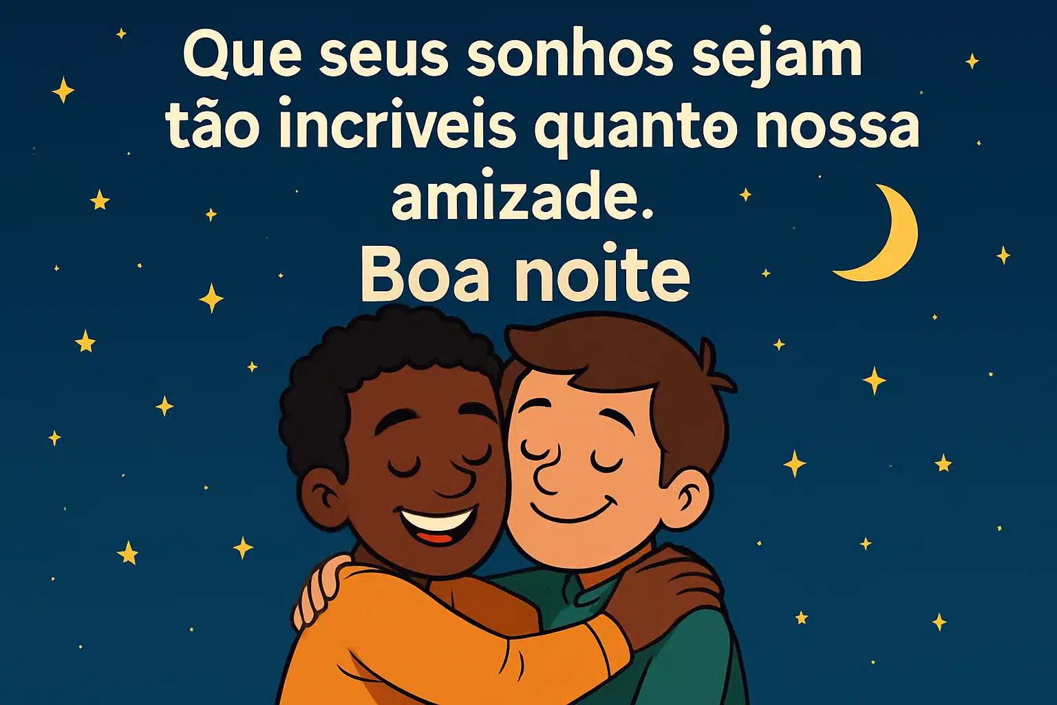 Amigos se abraçando sob céu estrelado em mensagem de boa noite Dois amigos sorrindo enquanto se abraçam sob céu noturno com estrelas e lua crescente
