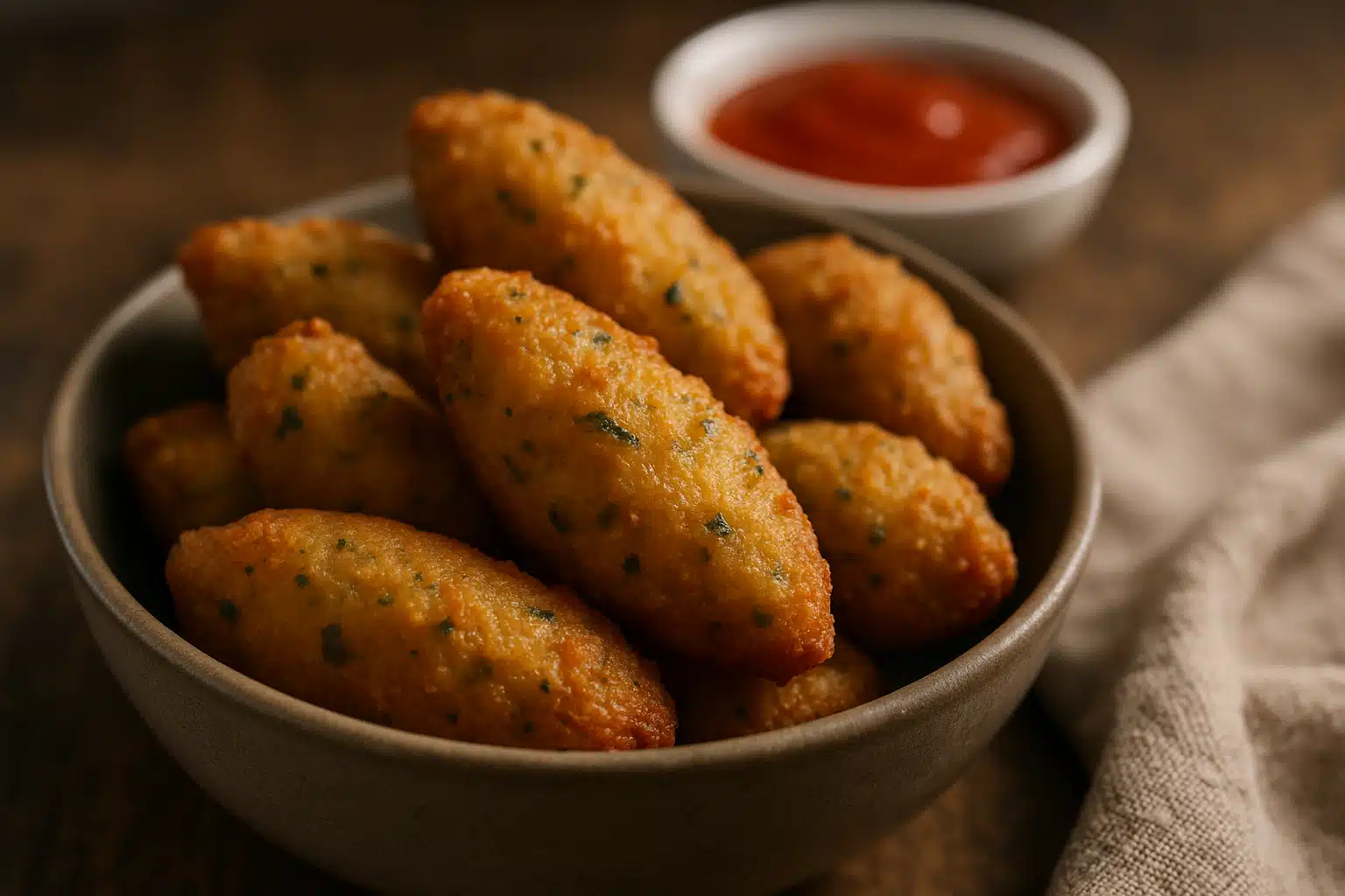 Bolinhos de bacalhau com molho Bolinhos de bacalhau em uma tigela com molho vermelho ao fundo