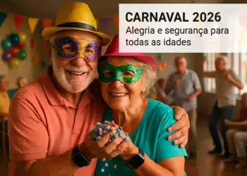 Casal idoso sorrindo com máscaras coloridas e chapéus, segurando confetes em salão decorado