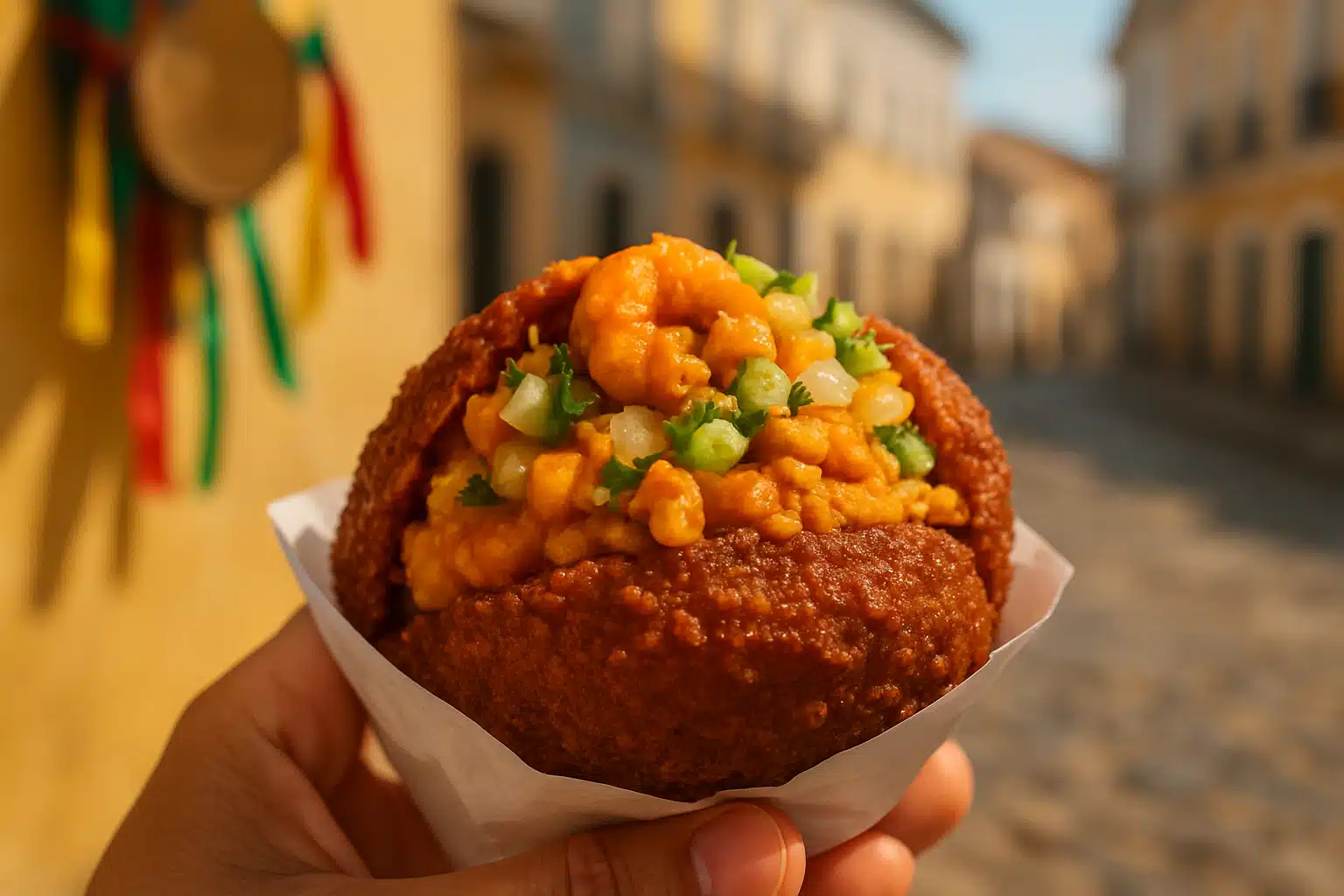 Acarajé tradicional Mão segurando acarajé recheado com vatapá e camarão em rua decorada para o carnaval