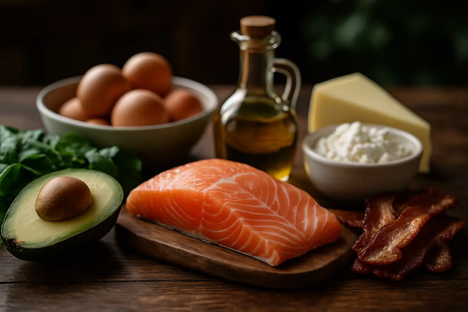Alimentos típicos da dieta cetogênica em mesa de madeira Salmão cru, ovos, abacate, bacon, queijo, óleo e folhas verdes dispostos juntos