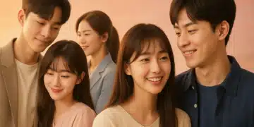 Dois casais jovens e uma mulher sorrindo juntos sob luz suave rosada