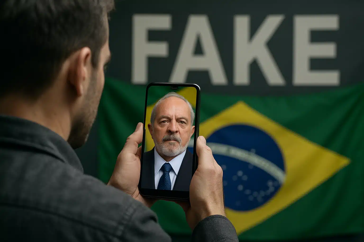 Fake news. Homem segura celular exibindo rosto de outra pessoa diante de uma bandeira do Brasil com a palavra 'FAKE' ao fundo.