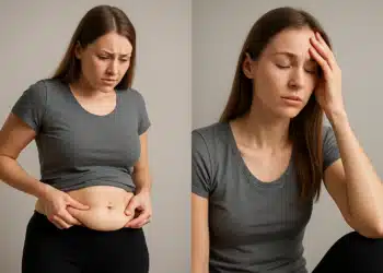 Mulher segurando a barriga e demonstrando desconforto físico