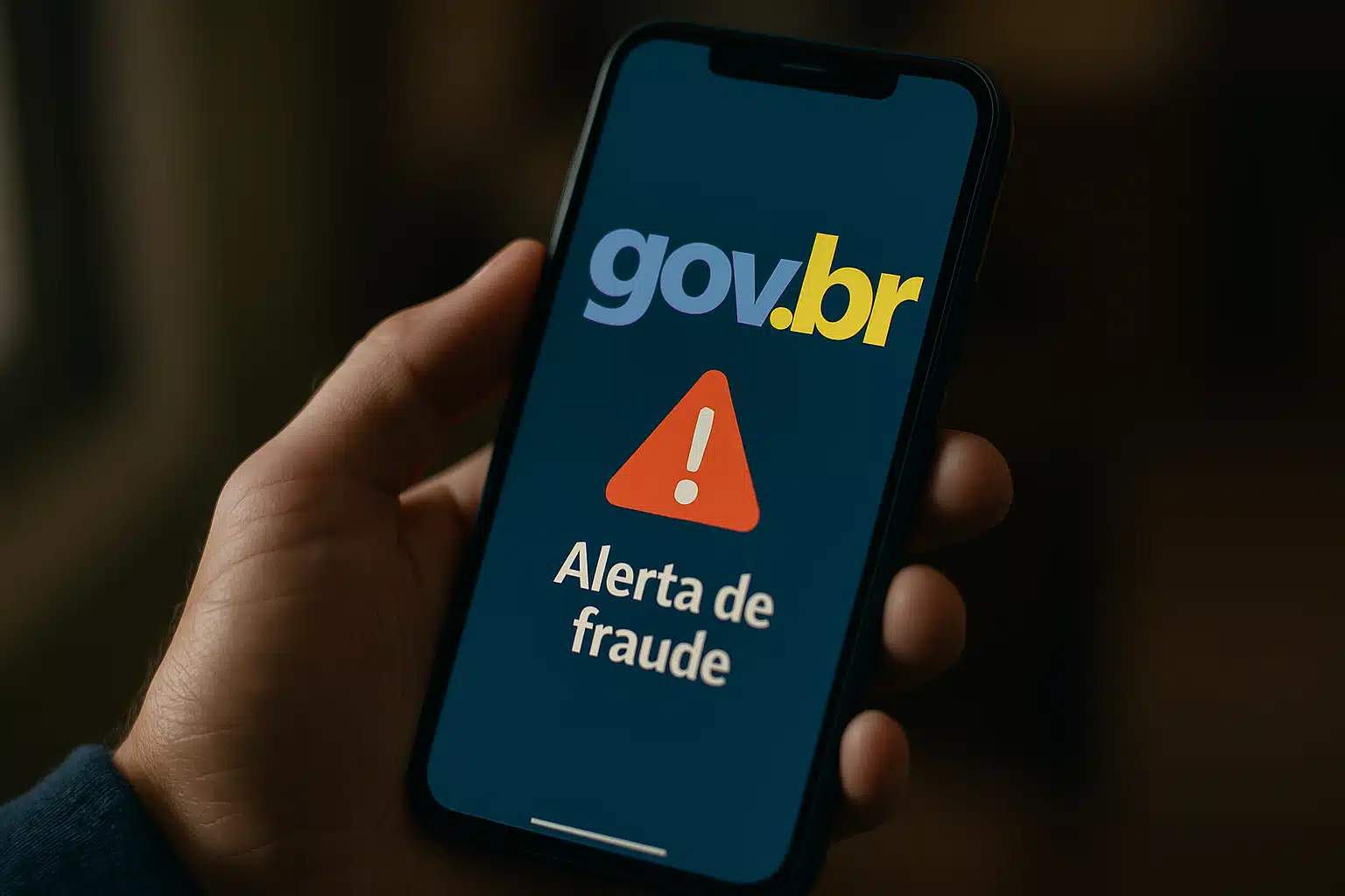 Tela de alerta de fraude em aplicativo gov.br contra golpes digitais Mão segura celular exibindo alerta de fraude no aplicativo gov.br, com triângulo vermelho