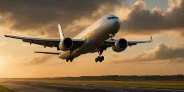 Avião de grande porte pousando em pista ao entardecer com nuvens ao fundo