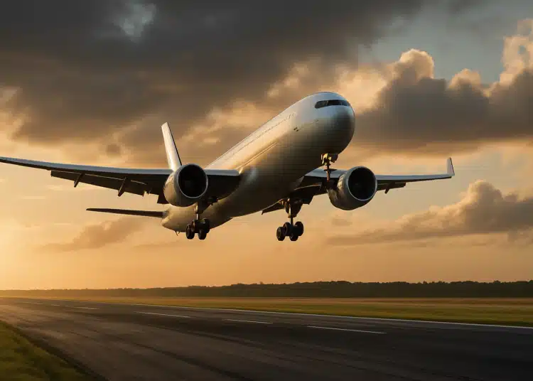 Avião de grande porte pousando em pista ao entardecer com nuvens ao fundo