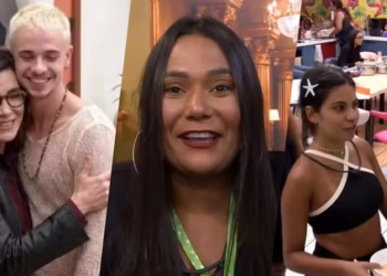 Grupo de brothers fantasiados dançando e rindo durante festa animada no BBB 2026