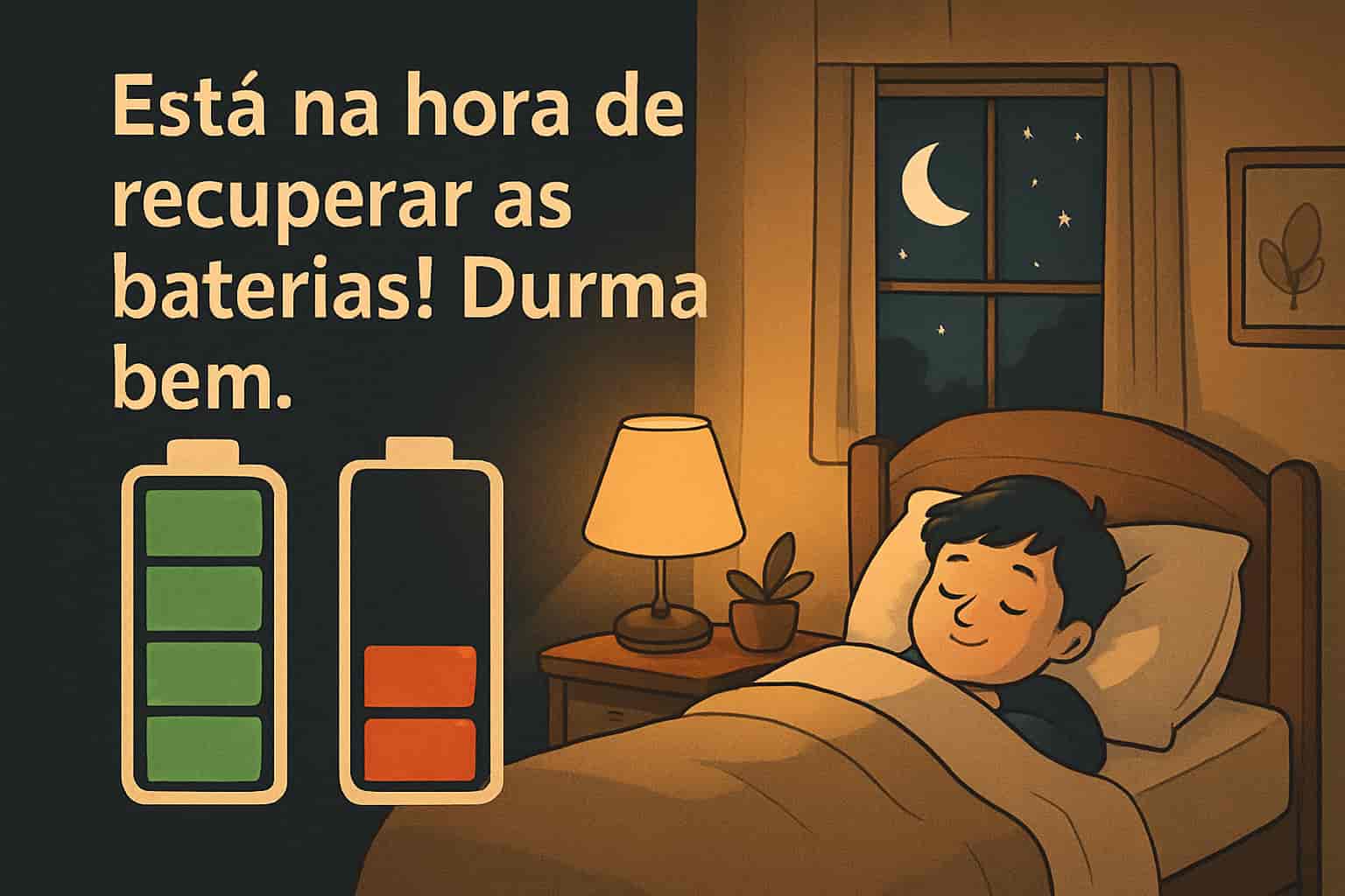 Quarto aconchegante com criança dormindo e símbolos de bateria no contexto de boa noite hora do descanso merecido Criança deitada na cama dormindo profundamente com ilustração de baterias carregadas e descarregadas ao lado