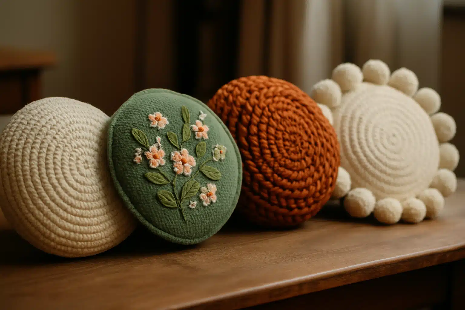 Capas de almofada em crochê coloridas para salas versáteis Quatro capas de almofada redondas em crochê, incluindo flores bordadas, sobre mesa de madeira