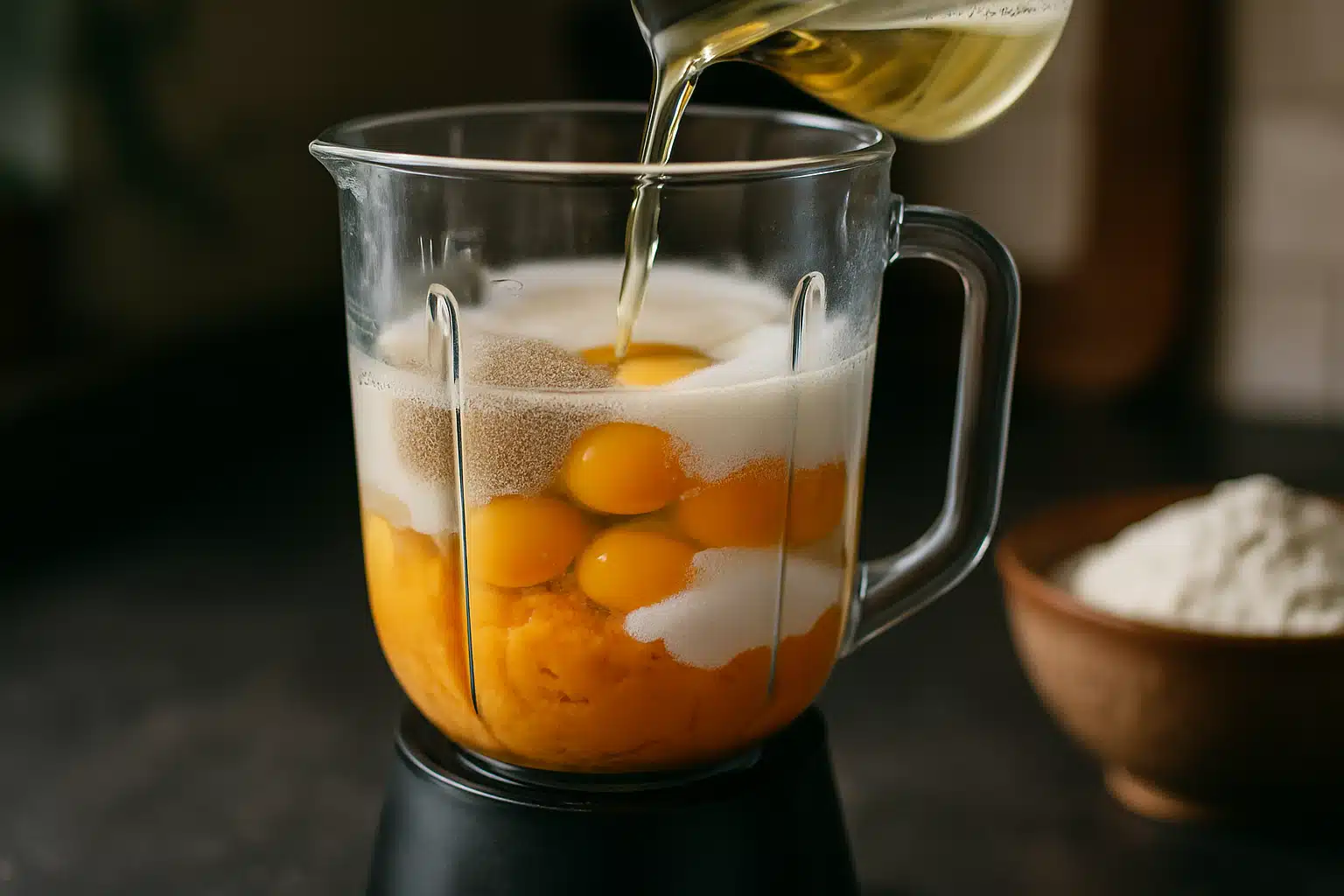 Ingredientes no liquidificador para pão de batata doce Ovos, batata doce, fermento e óleo sendo adicionados a um liquidificador em bancada