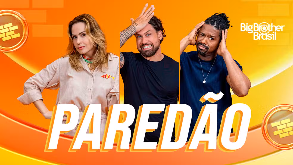 Paredão do Big Brother Brasil 2026 Arte do paredão do BBB 2026 com três participantes em destaque, expressões tensas e a palavra “Paredão” em letras grandes ao centro.