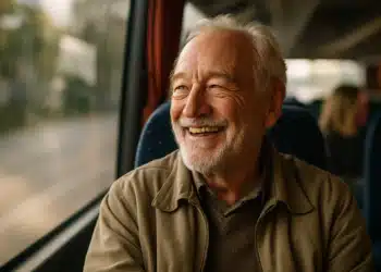 Idoso sorrindo dentro de ônibus durante viagem com passagem gratuita no feriadão.