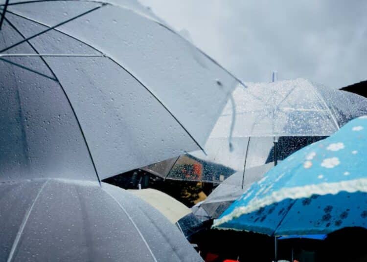 Pessoa com guarda-chuva caminha sob chuva em dia nublado, ilustrando a previsão do tempo para o mês de março no Brasil.