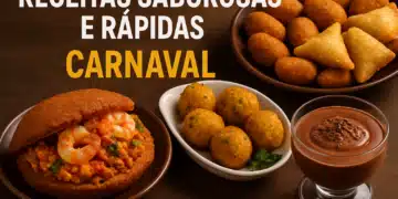 Mesa com comidas típicas de carnaval e texto receitas saborosas e rápidas