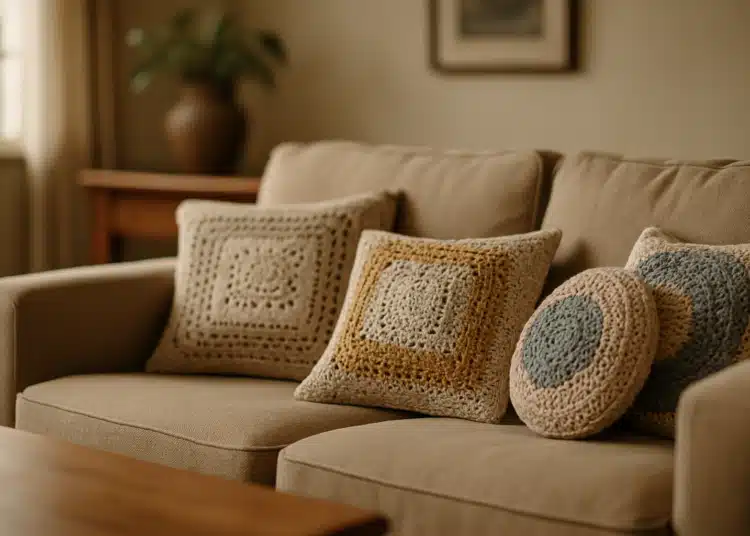 Capas de almofada em crochê de tons claros arrumadas sobre sofá bege em ambiente aconchegante