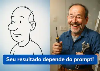 Ilustração de homem triste ao lado de homem sorridente segurando ferramentas, com faixa azul de texto sobreposta