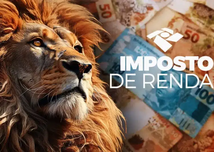 Leão com expressão imponente ao lado de várias notas de real brasileiras