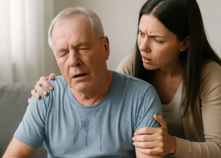Homem idoso com olhos fechados sendo segurado por mulher preocupada em casa