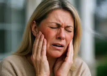 Mulher com dor de dente tocando o rosto