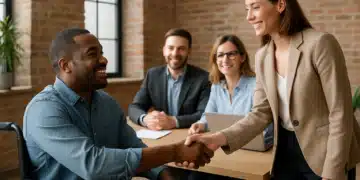 Entrevista de emprego com cumprimento de mãos entre uma candidata e um entrevistador cadeirante